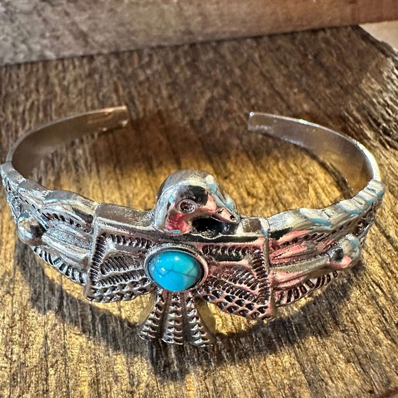 Vintage Bohemian Thunderbird Bangle Bracelet with Turquoise Accent, Gift-Ready - Picture 2 of 10